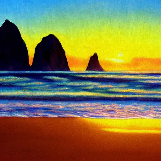 Image similar to cannon beach realistic painting at sunset