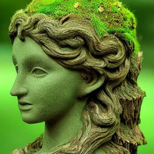 Image similar to mother nature made from a tree, emerging goddess, highly detailed, mossy, flower hair