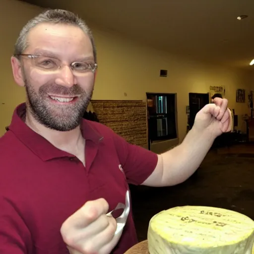 Prompt: richard mottern eating a large wheel of cheese,