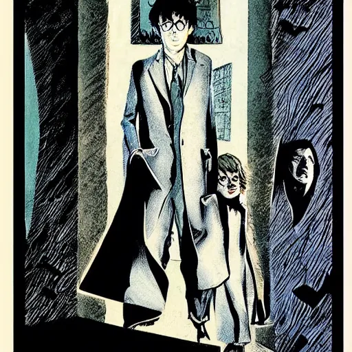 Image similar to in one frame Harry Potter in The Sandman comic, by Neil Gaiman, by Dave McKean, comics Sandman, small details, whole-length, clear faces, high detail