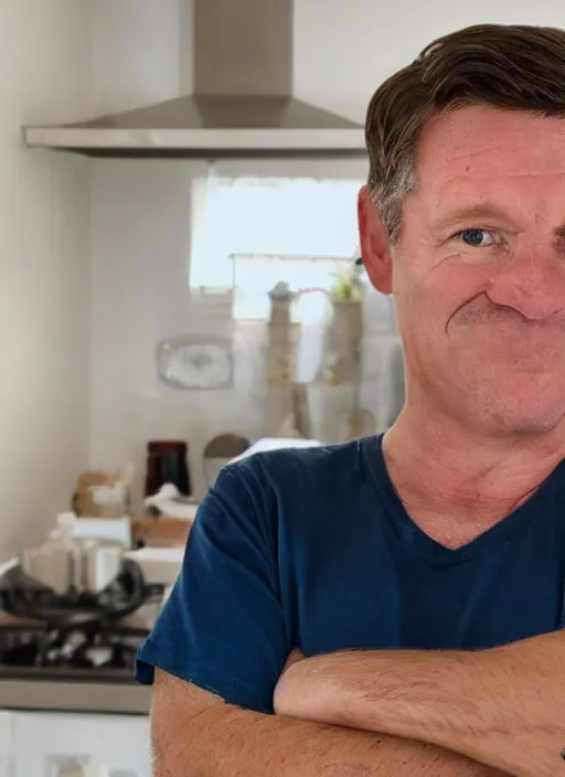 Image similar to an english irish middle aged gentleman with brown moptop hair and red cheeks is in his kitchen. he is clean shaven. he is wearing a dark blue tshirt and shorts. he holds his arms out like chicken wings and dances