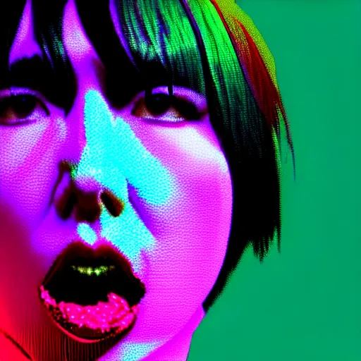 Image similar to Karen O of the Yeah Yeah Yeahs. Glitch effect. Pixel glitch. Chromatic Aberration. data moshing glitch art. 4k.