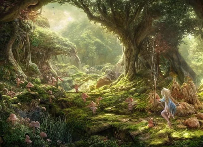 Prompt: fairies in the shire scenery landscape, lord of the rings, waterfalls, mushroom structures, highly detailed, vivid color, perfect lighting, perfect composition, 8 k, brian froud, artgerm, derek zabrocki, greg rutkowski