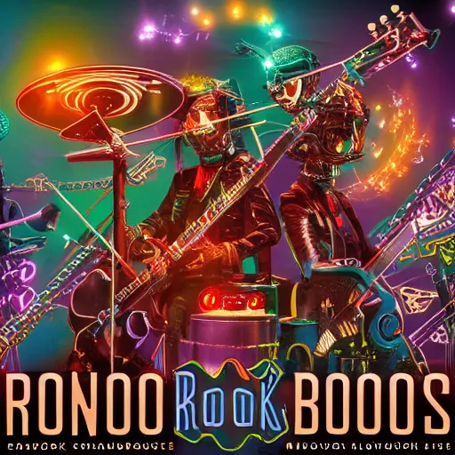 Image similar to album art, bandname is robos rock, rockband with 3 steampunk robots playing guitar and drums, 8 k, flourescent colors, halluzinogenic, multicolored, exaggerated detailed, front shot, 3 d render, octane