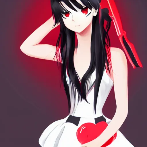 Image similar to a girl with black hair wearing a red dress, she is holding a knife, anime art, smooth, scary atmosphere, hd