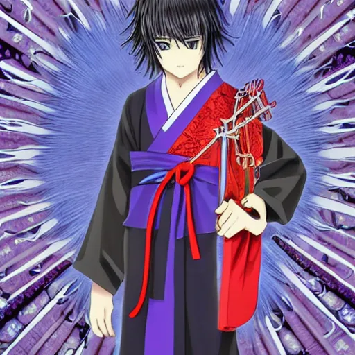 Image similar to anime teenager boy with straight indigo hair, purple eyes with red eye markers, slim body, wearing a detailed Japanese kimono, holding a japanese fan, Super-Resolution, HSL, 2-bit, VR, Uniform, Nano, Senary, RTX, insanely detailed and intricate, hypermaximalist, elegant, ornate, hyper realistic, super detailed, full body, full body shot, full image