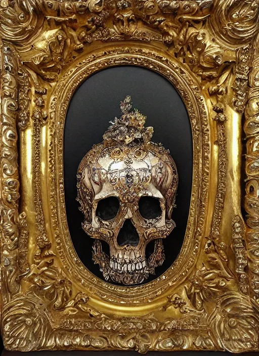 Prompt: rubens ornate gothic gold skull painting covered in jewels