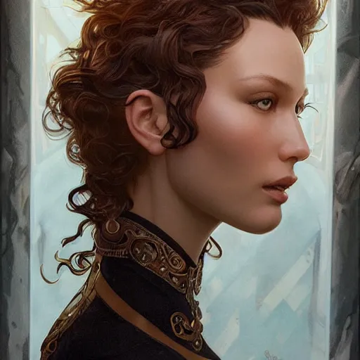 Image similar to ultra realistic illustration, bella hadid with a curly english mustache, intricate, elegant, highly detailed, digital painting, artstation, concept art, smooth, sharp focus, illustration, art by artgerm and greg rutkowski and alphonse mucha