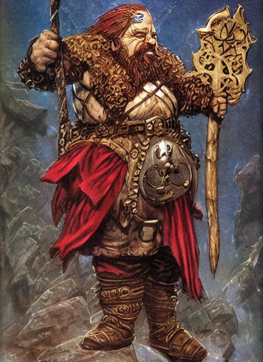 Image similar to full body of a dwarf sorcerer, beautiful! coherent! dungeons and dragons character, by brian froud, larry elmore, gerald brom, ralph horsley, wayne reynolds, strong line, deep color, chainmail, short red hair, high contrast