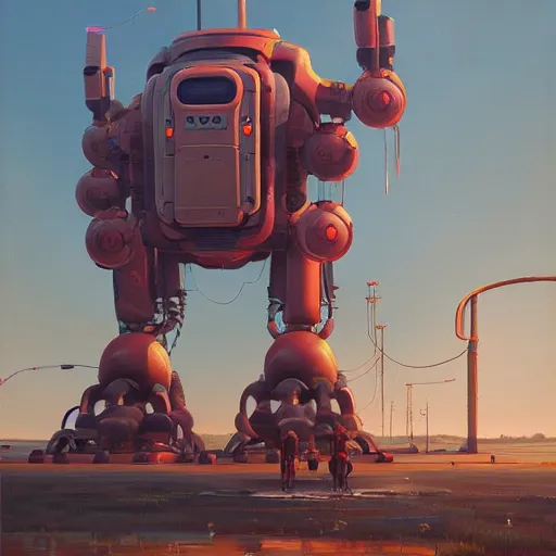 Image similar to an intricate oil painting of a giant anime robot with rounded and circular parts by simon stalenhag