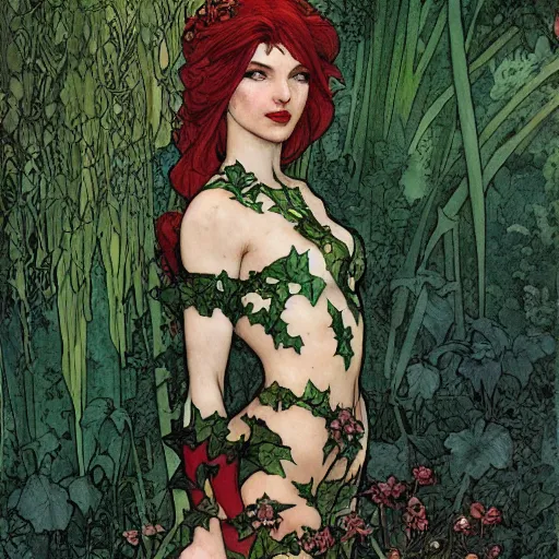 Image similar to a beautiful painting of poison ivy dressed as a martian princess, dark eyeliner, intricate, elegant, highly detailed, digital painting, artstation, concept art, matte, sharp focus, illustration, art by rebecca guay and by arthur rackham and by alphonse mucha and by john william waterhouse