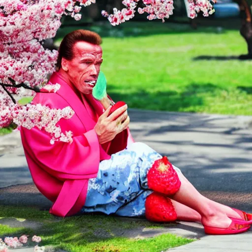 Image similar to photo, arnold schwarzenegger eats watermelon, japanese kimono, high heels, under sakura tree, camera on face