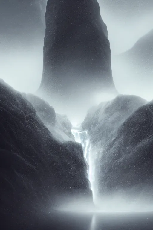 Prompt: a beautiful 3 d gigantic big detail megastructure white basalt wall dam borderland style glowing in cloud across the an ominous stormy snow mountain, in the thick fog, by stuart lippincott, volumetric lighting, dynamic lighting, dramatic lighting, high contrast, concept art, marble, religious, surrealism, catholicpunk, stark, trending on artstation