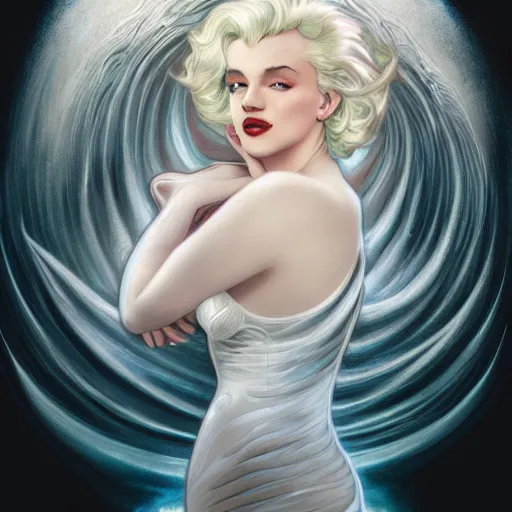 Image similar to a photograpic portrait of a Marilyn Monroe bioluminescent water wave wearing white clothes, fantasy, intricate, elegant, highly detailed, digital painting, artstation, concept art, smooth, sharp focus, illustration, art by artgerm and H R Giger and alphonse mucha