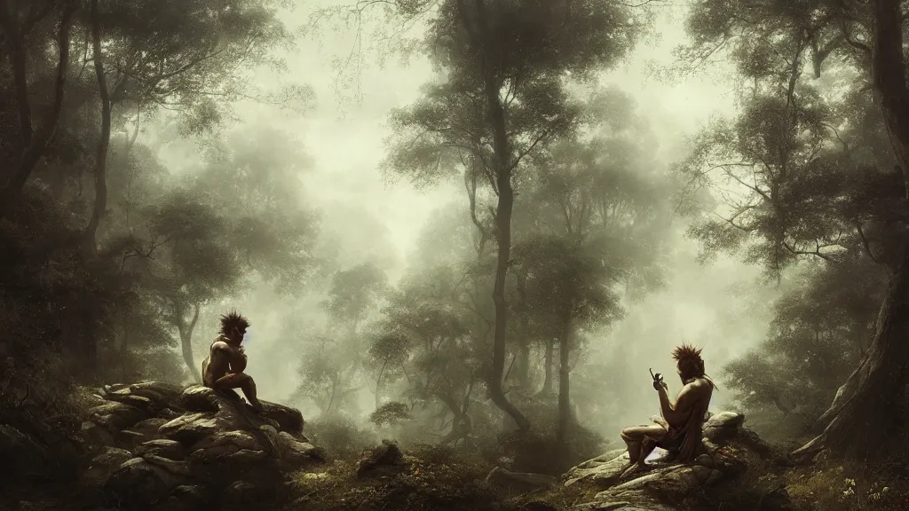 Image similar to sun wukong sitting alone in the melancholy forest. andreas achenbach, artgerm, mikko lagerstedt, zack snyder, tokujin yoshioka