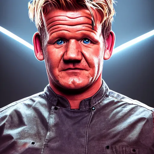 Image similar to photorealistic gordon ramsay standing atop mount olympus. hyperdetailed photorealism, 1 0 8 megapixels, amazing depth, high resolution, 3 d shading, 3 d finalrender, 3 d cinematic lighting, glowing rich colors, psychedelic overtones, artstation concept art.