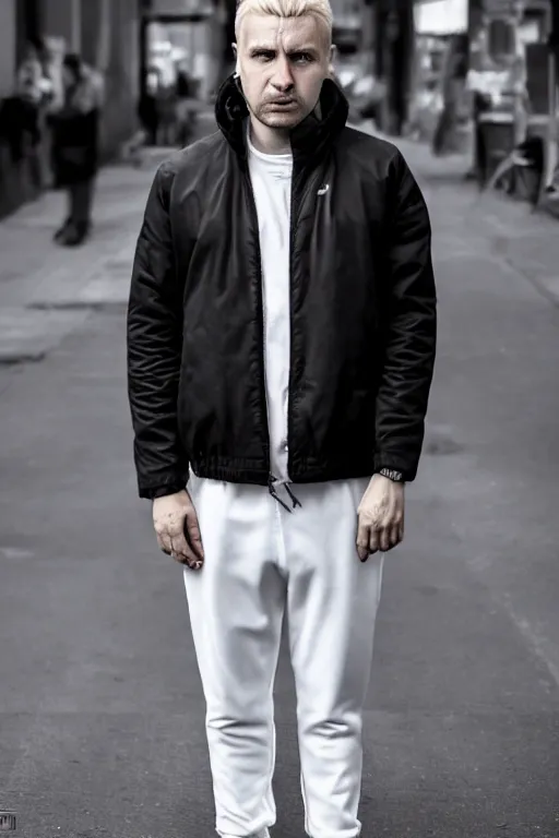 Prompt: extreme long shot. 35 years old blonde russian man in white adidas pants. black letaher jacket. white sneakers. hangover face. staying on the street.. 4k, 8k, photorealistic, extreme high detail, trending on artstation, masterpiece.