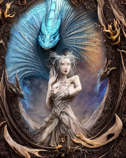 Prompt: a beautiful detailed 3d matte painting of female blue dragon of the dead, by ellen jewett, by tomasz alen kopera, Frank Frizzera, ominous, magical realism, Magic the gathering playing card, texture, intricate, ornate, royally decorated, whirling smoke, embers, radiant colors, fantasy, trending on artstation, volumetric lighting, micro details, 3d model , ray tracing, 8k