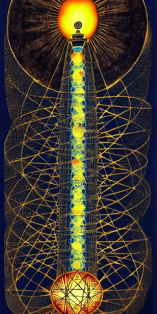Image similar to an alchemical fiery lighthouse ego - self axis radiates a unique canto'as above so below'while being ignited by the spirit of haeckel and robert fludd, breakthrough is iminent, glory be to the magic within, in honor of saturn, painted by ronny khalil with dramatic lighting from the blue fire's glow
