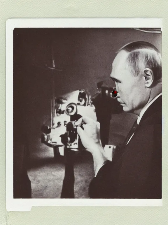 Image similar to Vladimir putin looking at an atomic bomb. polaroid. bleak.