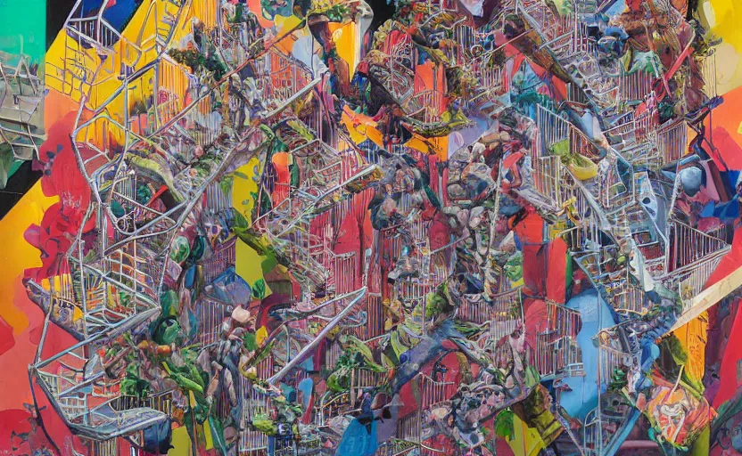 Image similar to chutes and ladders. detailed abstract acrylic painting by bordalo ii, by mc escher, by raqib shaw, japanese popsurrealism,