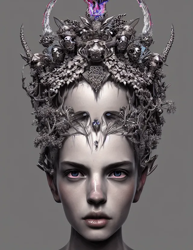 Image similar to symmetrical, centered, zbrush sculpt of goddess close-up portrait wigh crown made of skulls. phoenix betta fish, phoenix, bioluminiscent creature, super intricate ornaments artwork by Tooth Wu and wlop and alena aenami and greg rutkowski