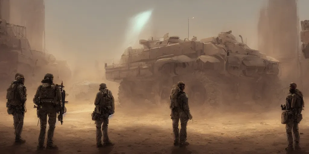 Prompt: private military company operatives standing outside immigration check point with severe sand storm across the sky, cinematic, realistic, detailed, intricate, digital art, ambient lighting, by jordan grimmer, industrial art style, 3 5 mm film grain, artstation