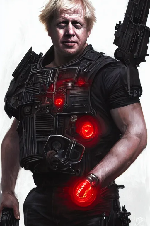 Image similar to Boris Johnson as terminator with red eyes, Boris Johnson hairstyle, full body realistic portrait, highly detailed, muscular body, digital painting, artstation, concept art, smooth, sharp focus, illustration, cinematic lighting, art by artgerm and greg rutkowski and alphonse mucha