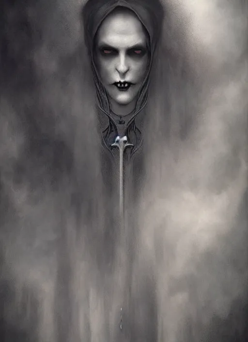 Image similar to By Tom Bagshaw, ultra realist soft painting of a gothic crypt by night, male vampire smile, horror, omnious sky, symmetry accurate features, very intricate details, black and white, volumetric light clouds