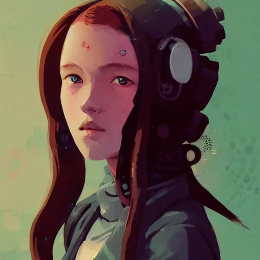 Image similar to Highly detailed portrait of a cyberpunk young lady with, freckles and wavy hair by Atey Ghailan, by Loish, by Bryan Lee O'Malley, by Cliff Chiang, by Greg Rutkowski, inspired by image comics, inspired by graphic novel cover art, inspired by nier!! Gradient color scheme ((grafitti tag brick wall background)), trending on artstation