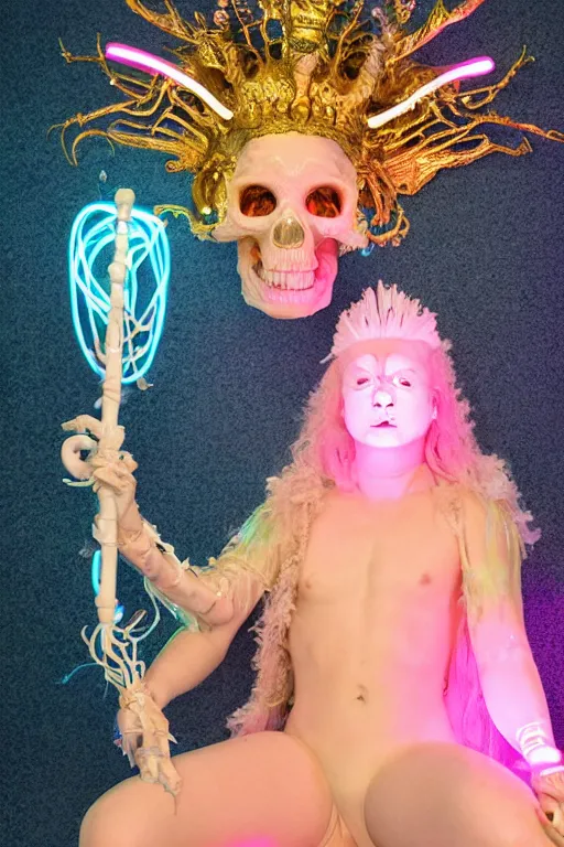 Image similar to full-body rococo and cyberpunk delicate neon crystalline sculpture of ((young muscular golden albino Colombian prince)) as an iridescent humanoid deity wearing ((peach plastic hooded cloak)) (holding a human skull) in a white castle dungeon, reclining, glowing pink face, crown of (pink lasers), large blue diamonds, swirling black silk fabric. futuristic elements. oozing glowing liquid, full-length view. space robots. intricate artwork by caravaggio. Trending on artstation, octane render, cinematic lighting from the right, hyper realism, octane render, 8k, depth of field, 3D