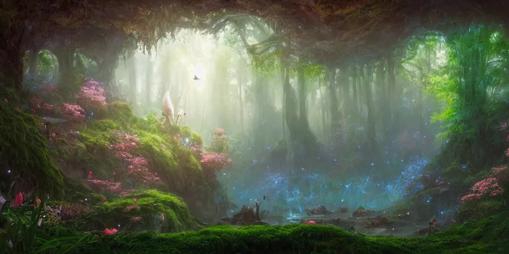 Image similar to a beautiful hyper realistic detailled matte painting of a serene magical forest in faeries land in a dark underground cave, moss and flowers, fireflies, art by Moebius and John Howe and Albert Bierstadt and Alena aenami, unreal engine, trending on artstation, barometric projection, rectilinear, f16