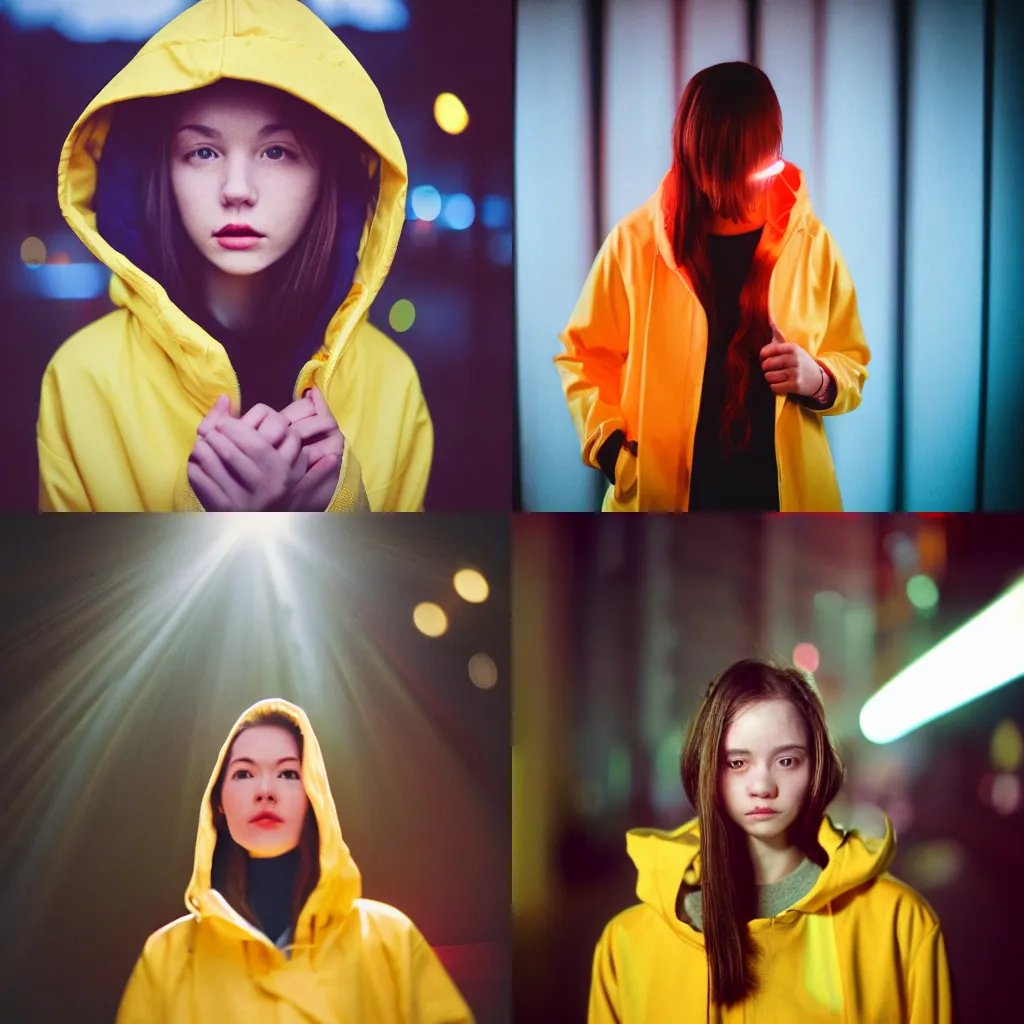 Prompt: A detailed and realistic portrait photography of a woman wearing a yellow raincoat with hoodie. Cinematic. Red neon lights and glow in the background. Lens flare. Portra 800 film. Helios 44m