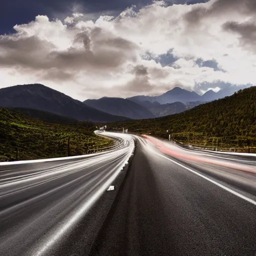 Image similar to traffic jam on a mountain highway, high resolution photograph, extreme dramatic lighting