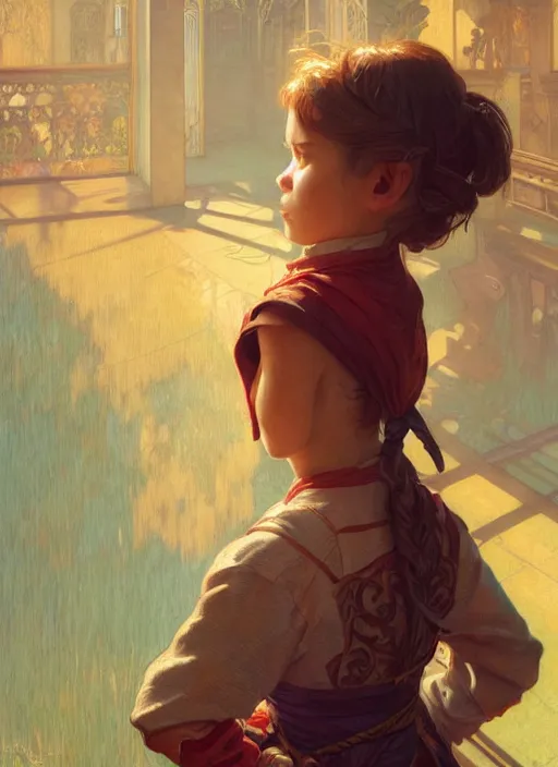 Image similar to perfectly - kid staring from behind, intricate, highly detailed, digital painting, artstation, concept art, smooth, sharp focus, illustration, unreal engine 5, 8 k, art by artgerm and greg rutkowski and alphonse mucha