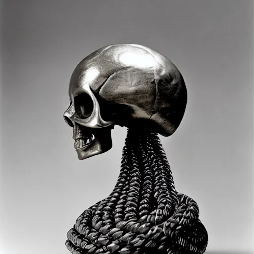 Prompt: large metallic skull attached to a long, coiled snake, stoic and calm, cinematic Eastman 5384 film