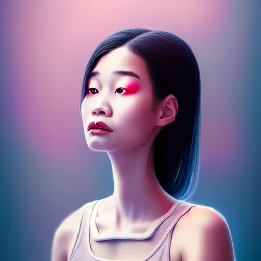 Image similar to beautiful portrait of a hopeless, worthless, lonely, vietnamese, ( waitress ) girl, stunning, intelligent, fashionable, vivid!!, sharp, crisp, colorful!!, ultra ambient occlusion, reflective, universal shadowing, fantasy art, extremely even lighting, art by wlop, dr seuss!!, ilya