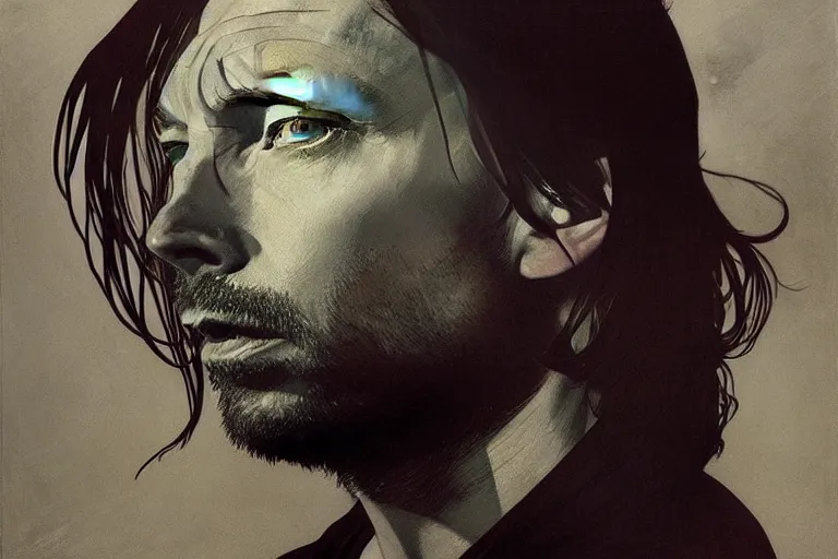 Image similar to hyper realistic portrait of thom yorke singer songwriter, side, liminal space, by lee bermejo, alphonse mucha and greg rutkowski