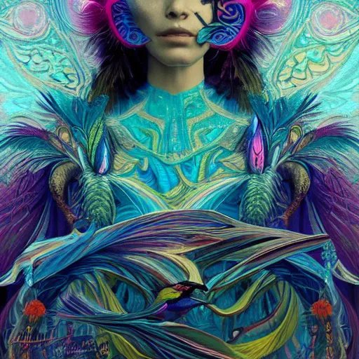 Image similar to A reality bending psychedelic ayahuasca experience, colorful, distorted, surreal, tropical bird feathers, dramatic lighting on the face, intricate, elegant, highly detailed, digital painting, concept art, smooth, sharp focus, illustration, art by Krenz Cushart and Wayne Barlowe and alphonse mucha