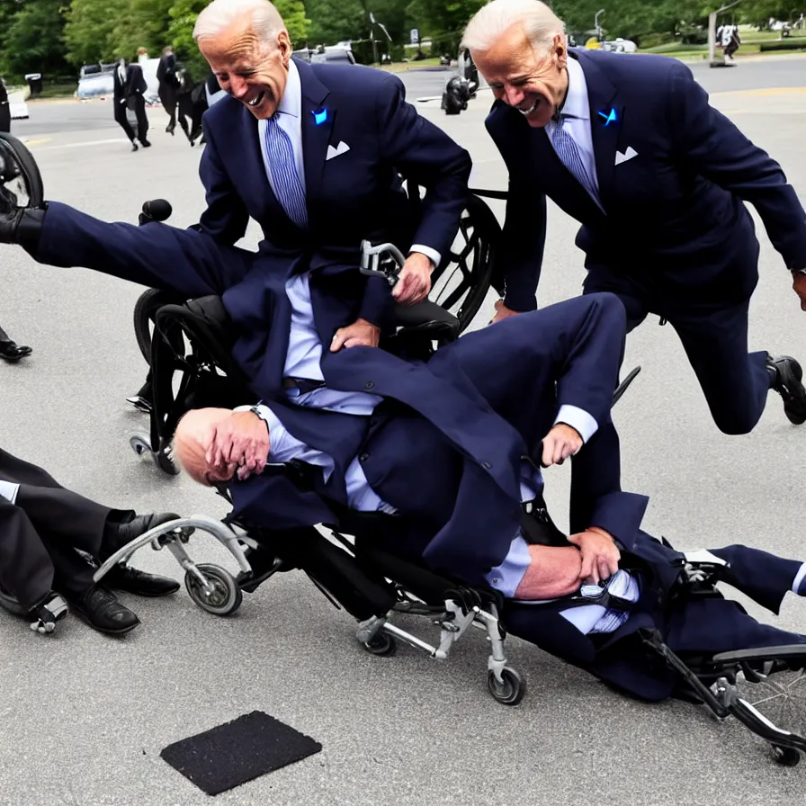 Image similar to joe biden falling off his wheelchair faceplanting on the ground, award winning photo