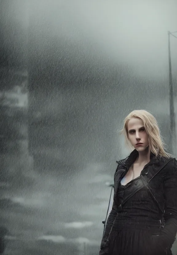 Image similar to cute model annie leonhart posing in dunwall city, beautiful face, detailed face, realistic eyes, cinematic lighting, rainy weather, melancholy atmosphere, volumetric light, gothic architecture, realistic reflections, model agency, instagram photo, depression atmosphere, shot on sony a 7, beauty filter, postprocessing