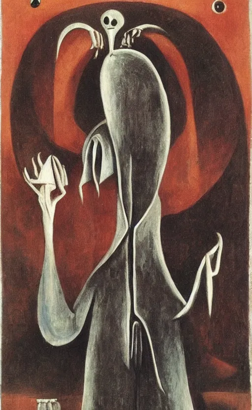 Prompt: alien cultist with robes and a dagger by leonora carrington