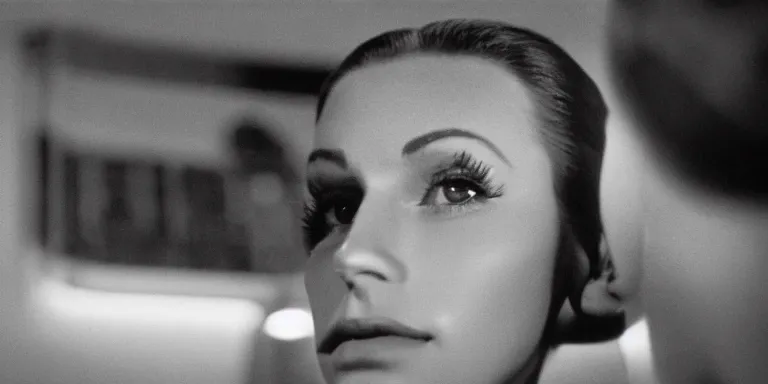 Image similar to photorealistic close up shot Cinematography of a Beautiful woman and a 60's robot in the background at night in a mid century modern apartment shot on film at magic hour with the sun shining god rays shining into a large 60's hotel lobby room filled with volumetric haze by the shining Cinematographer john alcott on a cooke panchro 18mm lens .