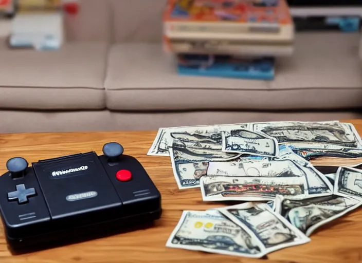 Prompt: realistic photo of nintendo 6 4 video game console in front of stacks of money