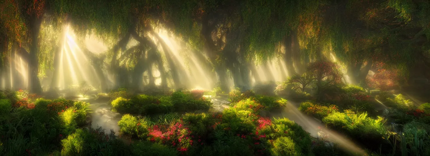 Image similar to photograph of enchanted garden, mist with rays of light by marc adamus, highly detailed, intricate detail, cinematic lighting, 8 k,