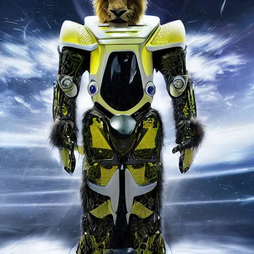 Image similar to humanoid with lion features in futuristic space armor with force fields, yellow eyes, teeth that protrude past the lower lip and fine grayish fur on their faces and backs of their hands and carrying weapons, octane,