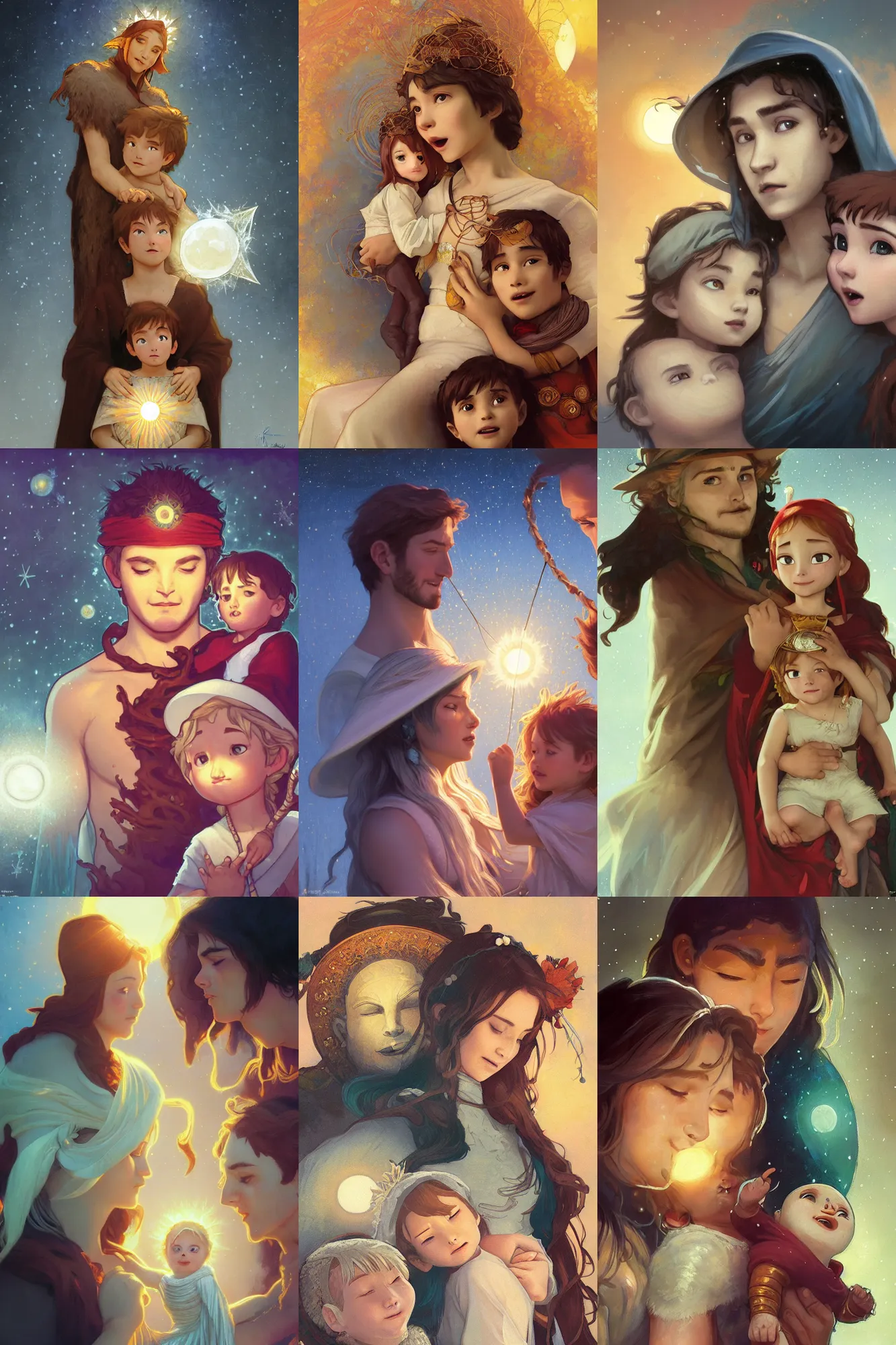 Prompt: a cinematic portrait beautiful family photograph close up moment of a young sun god and moon goddess magician family with child, portrait, wearing sunhat with string lights, Frozen Klaus film, digital painting, artstation, concept art, illustration, Frozen II art masterpiece by art by Krenz Cushart, Artem Demura, alphonse mucha, yoji shinkawa, ArtGerm, Jon Lothian, Danilo Torres, Adi Meyers, Thomas Reimann, Gaston Bussiere