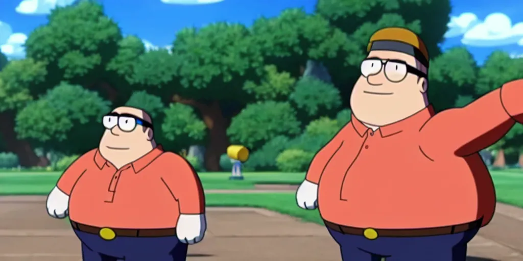 Prompt: Peter griffin from family guy in a pokemon duel , 4K screenshot from Pokemon: the movie
