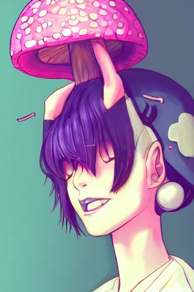 Image similar to a little girl wearing a mushroom hat in 9 0 s outfit | | purple curvy hair, pretty face, fine details, digial art by lois van baarle and sakimichan, anatomically correct, perfect composition, symmetrical, fantastic, clean details, anime character, extremely detailed, ray tracing, aesthetic