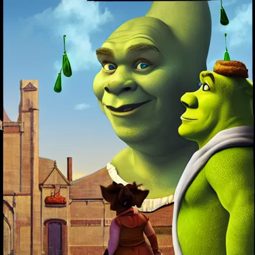 Image similar to Shrek comes to town with the circus in-toe by Raphael, Hopper, and Rene Magritte. detailed, romantic, enchanting, trending on artstation.